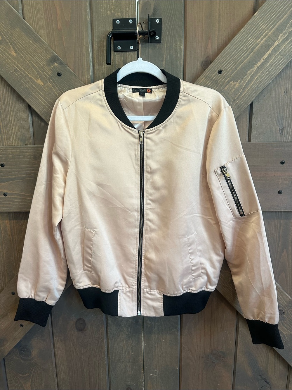 Women's Light Blush Pink Bomber Jacket with Black Trim